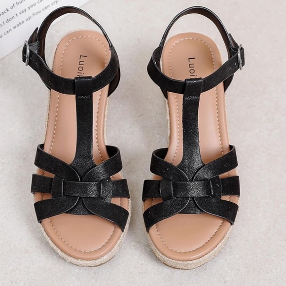 NEW Luoika Wide Width Wedge Sandals, Platform Ankle Strap Open Toe Espadrille - Picture 6 of 8